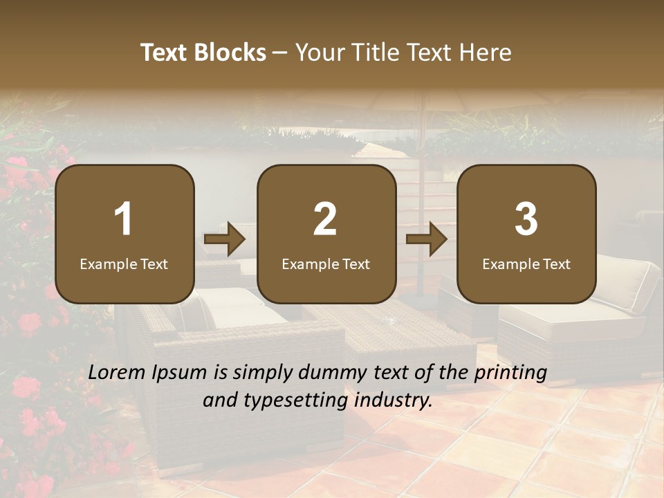 A Patio With A Couch, Chairs And An Umbrella PowerPoint Template