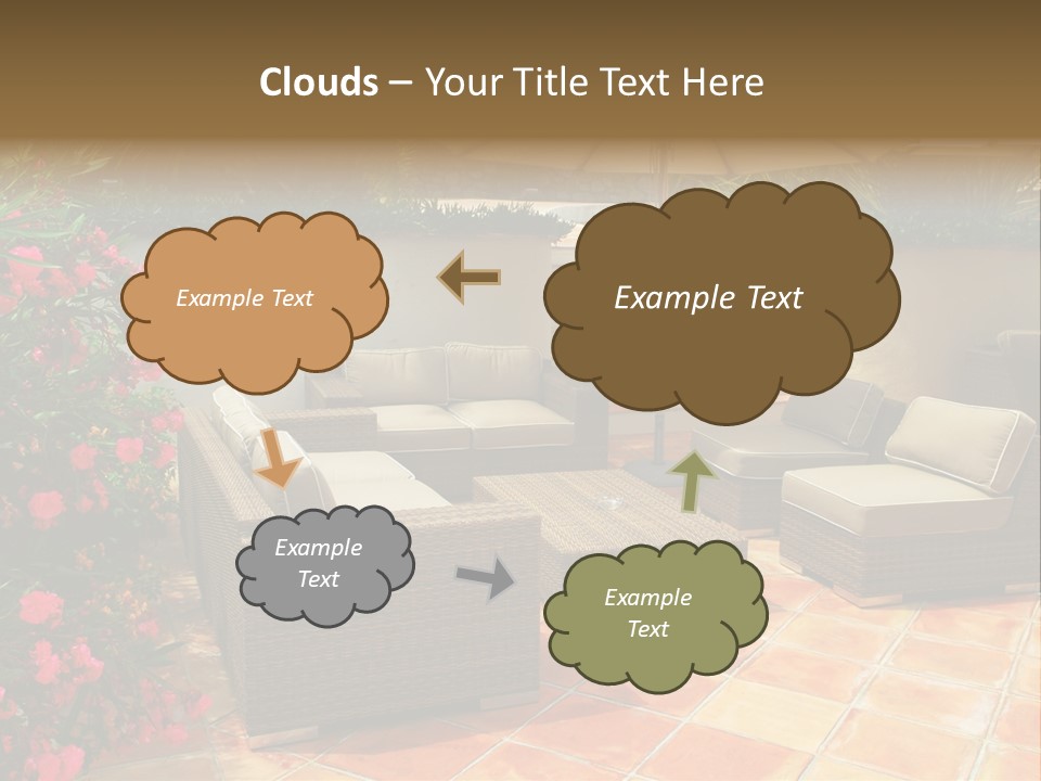 A Patio With A Couch, Chairs And An Umbrella PowerPoint Template