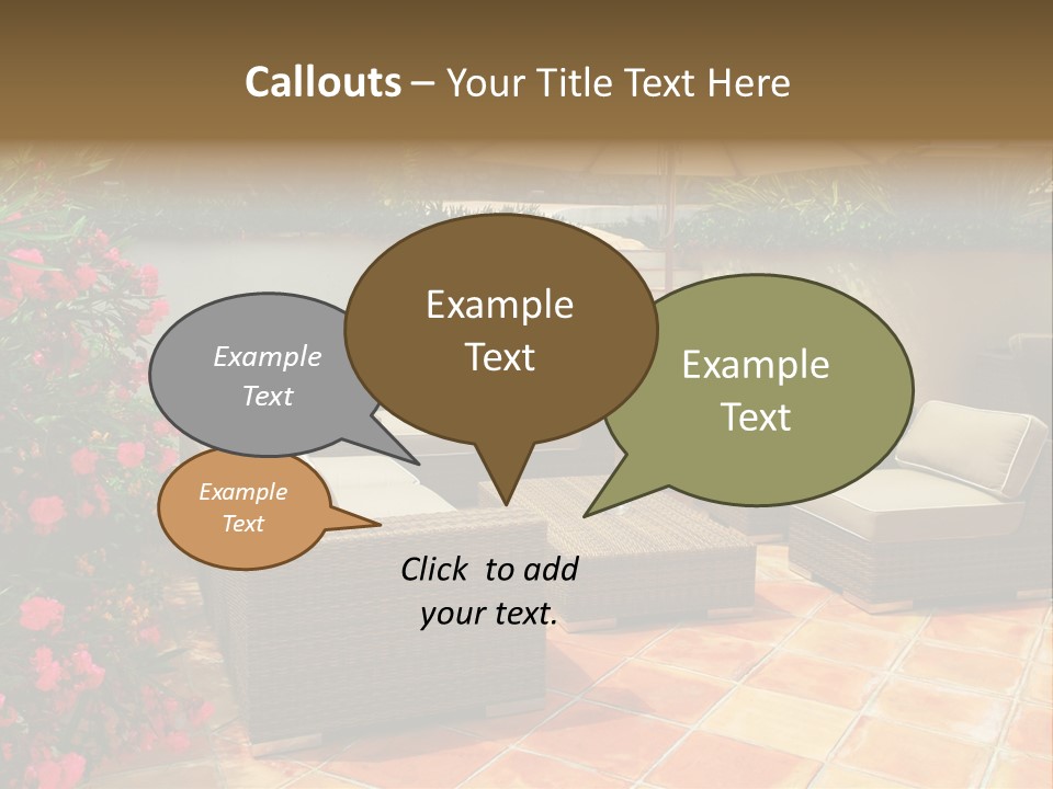 A Patio With A Couch, Chairs And An Umbrella PowerPoint Template