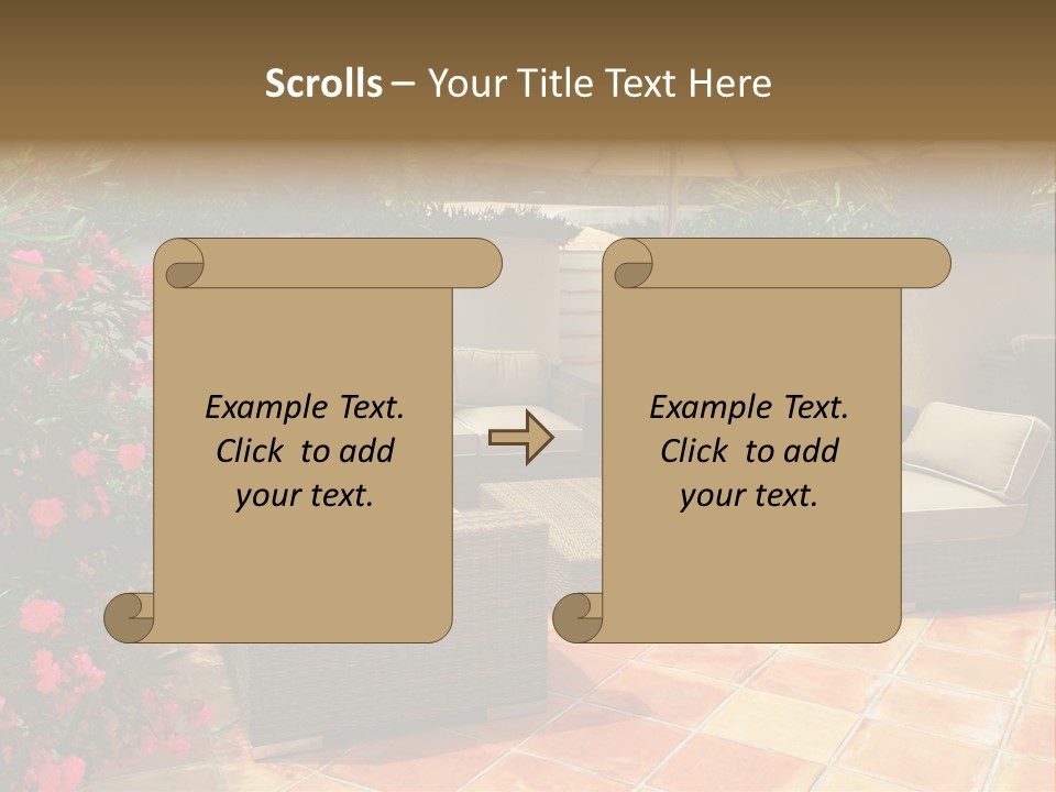 A Patio With A Couch, Chairs And An Umbrella PowerPoint Template