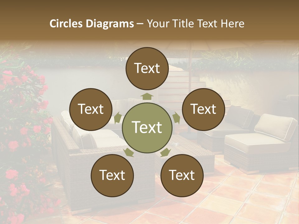 A Patio With A Couch, Chairs And An Umbrella PowerPoint Template