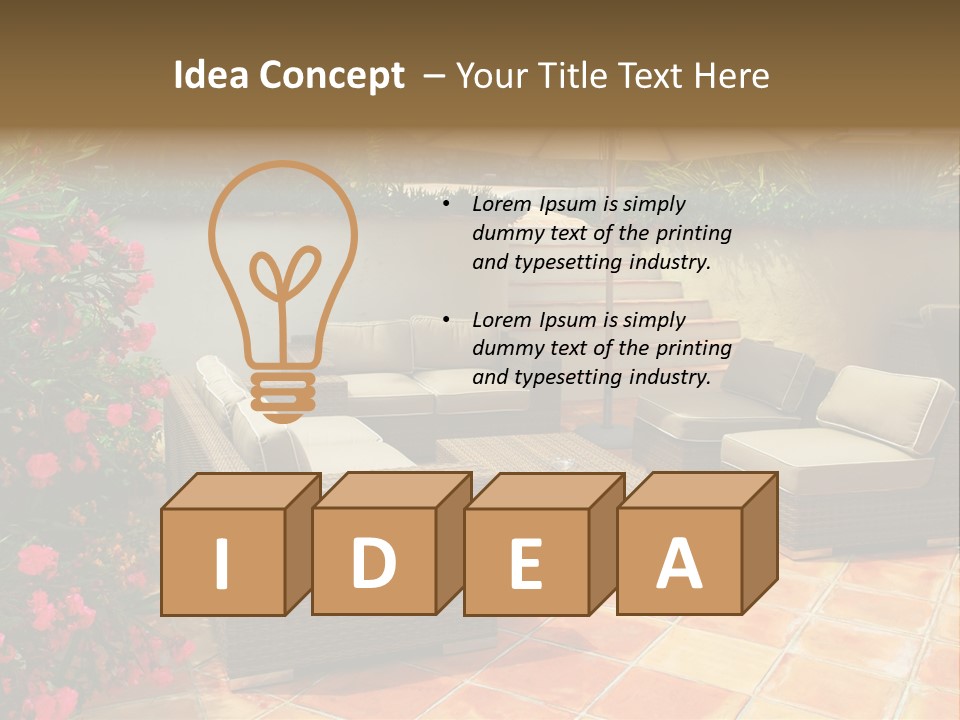 A Patio With A Couch, Chairs And An Umbrella PowerPoint Template