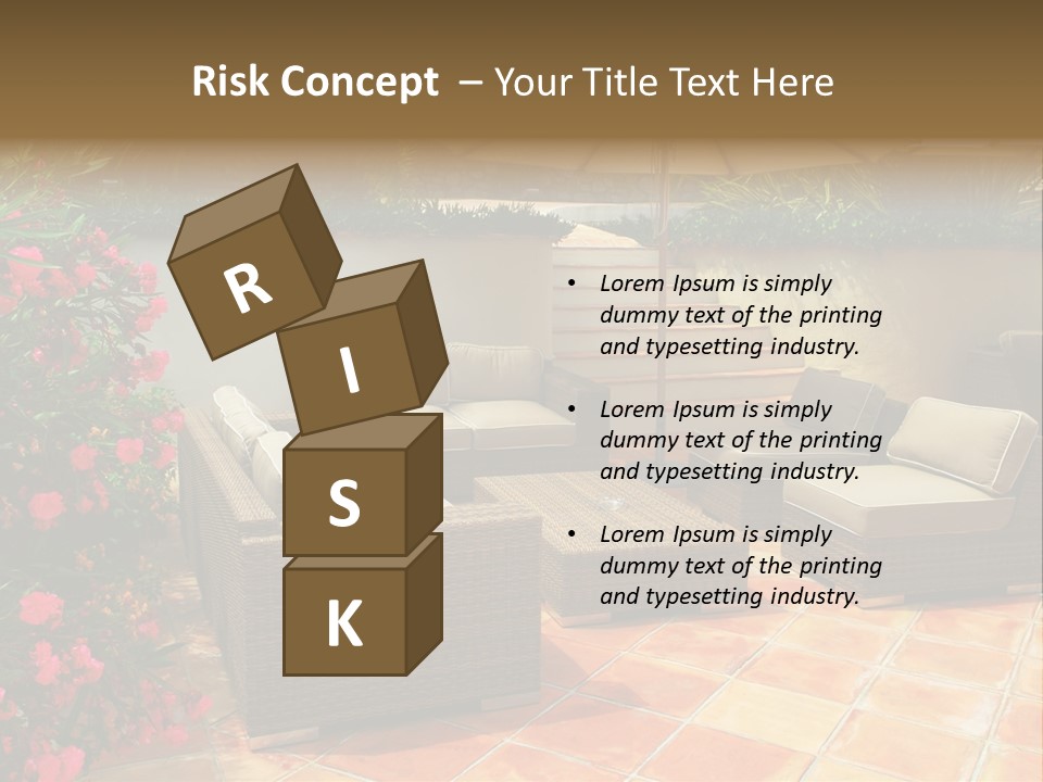 A Patio With A Couch, Chairs And An Umbrella PowerPoint Template