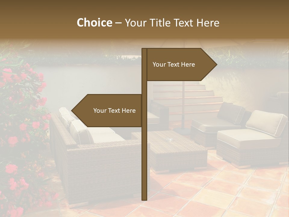 A Patio With A Couch, Chairs And An Umbrella PowerPoint Template