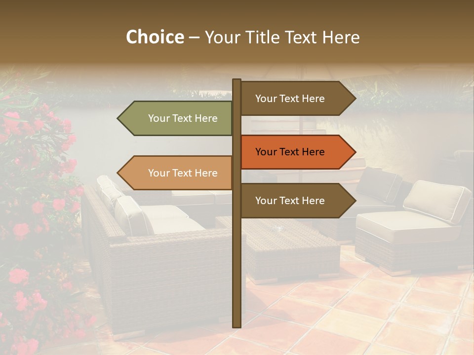 A Patio With A Couch, Chairs And An Umbrella PowerPoint Template