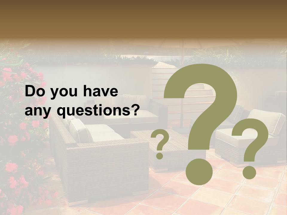 A Patio With A Couch, Chairs And An Umbrella PowerPoint Template