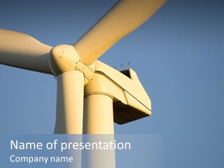 Closeup Wind Generator On A Wind Farm. Generators Are Held 100Metres (300Feet) Above The Ground And Each Blade Is 30Metres (100Feet) Long PowerPoint Template