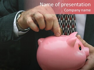 Businessman Putting Money Into A Pink Piggy Bank Wearing Business Attire PowerPoint Template