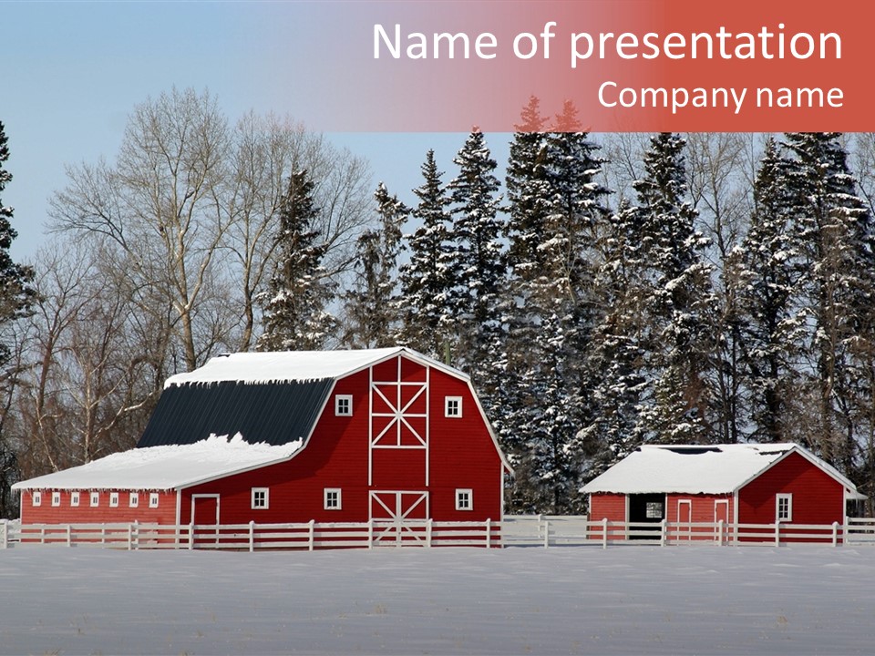A Red Barn In A Snowy Field With Trees In The Background PowerPoint Template
