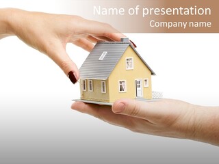 Female Hand Reaching For A House Isolated On A White Background. PowerPoint Template