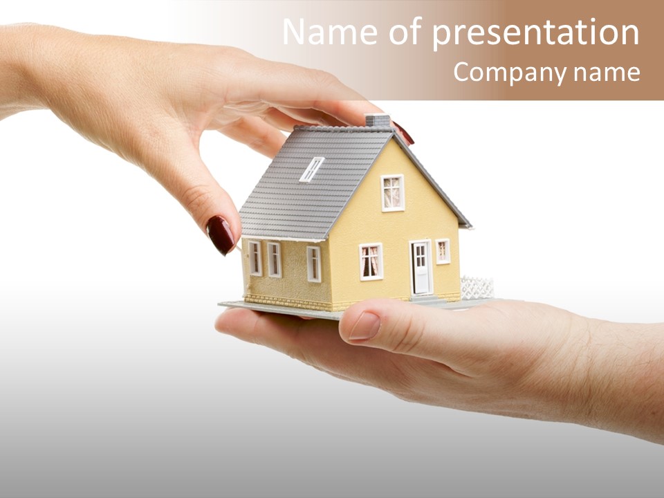 Female Hand Reaching For A House Isolated On A White Background. PowerPoint Template