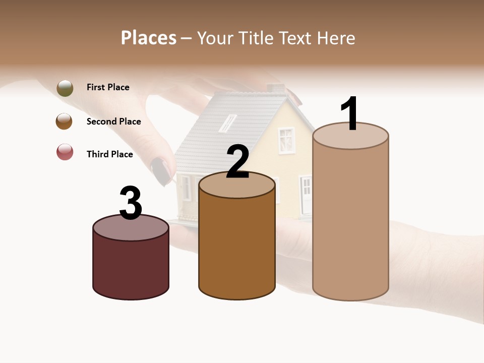 Female Hand Reaching For A House Isolated On A White Background. PowerPoint Template