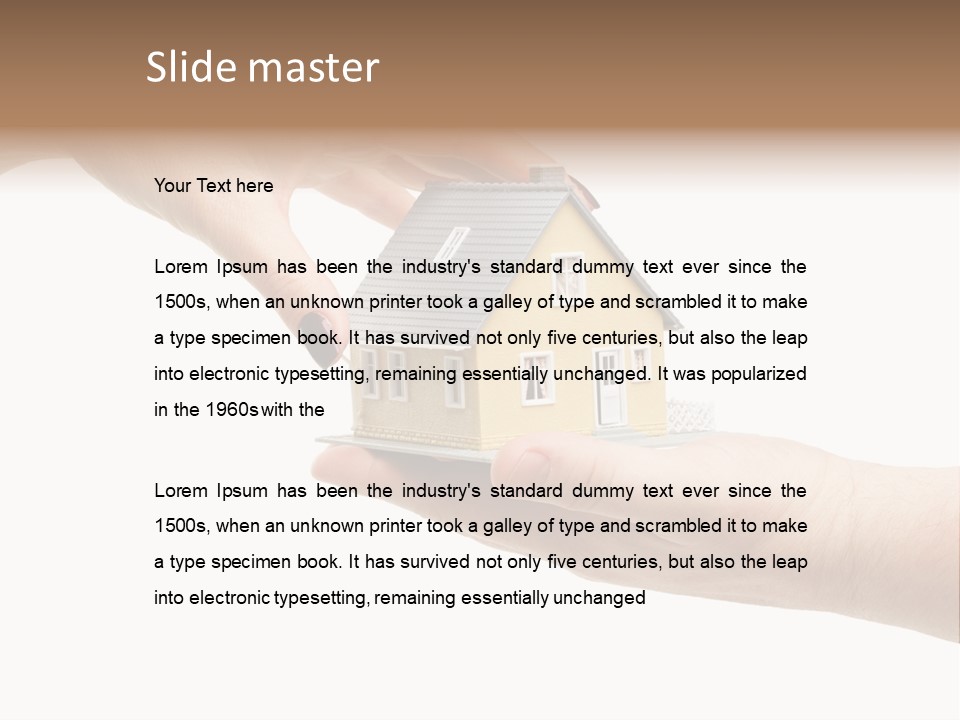 Female Hand Reaching For A House Isolated On A White Background. PowerPoint Template