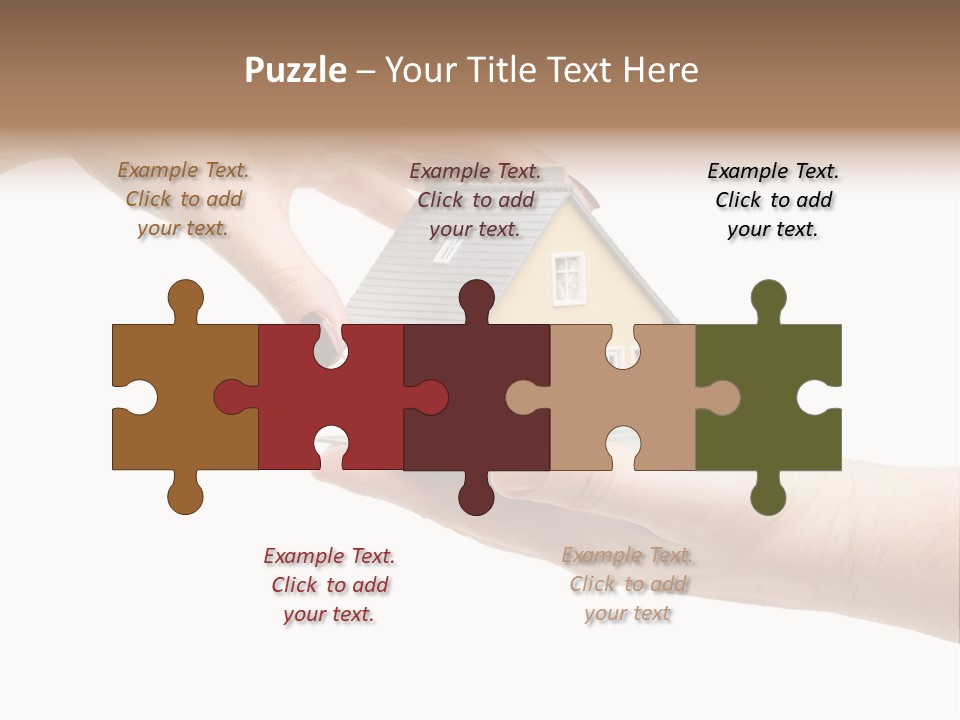 Female Hand Reaching For A House Isolated On A White Background. PowerPoint Template