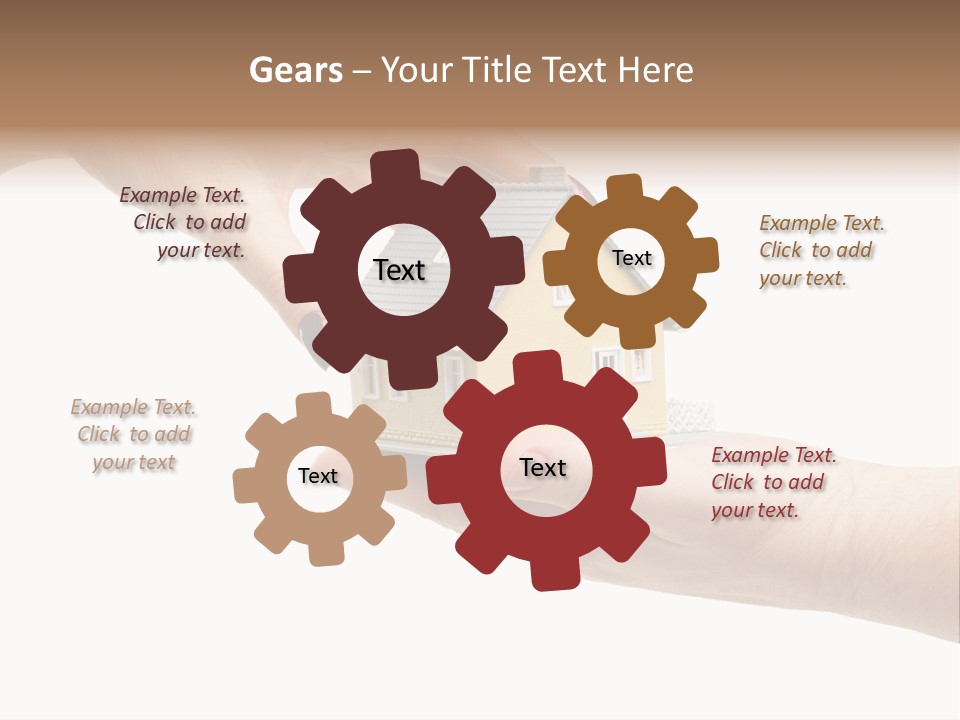 Female Hand Reaching For A House Isolated On A White Background. PowerPoint Template