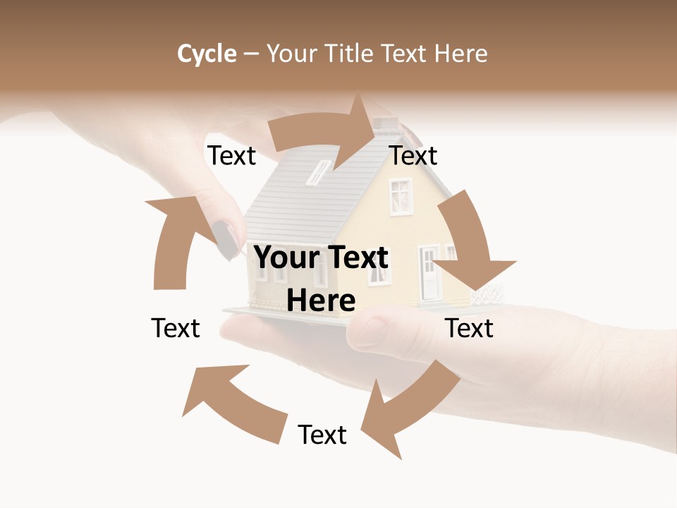 Female Hand Reaching For A House Isolated On A White Background. PowerPoint Template