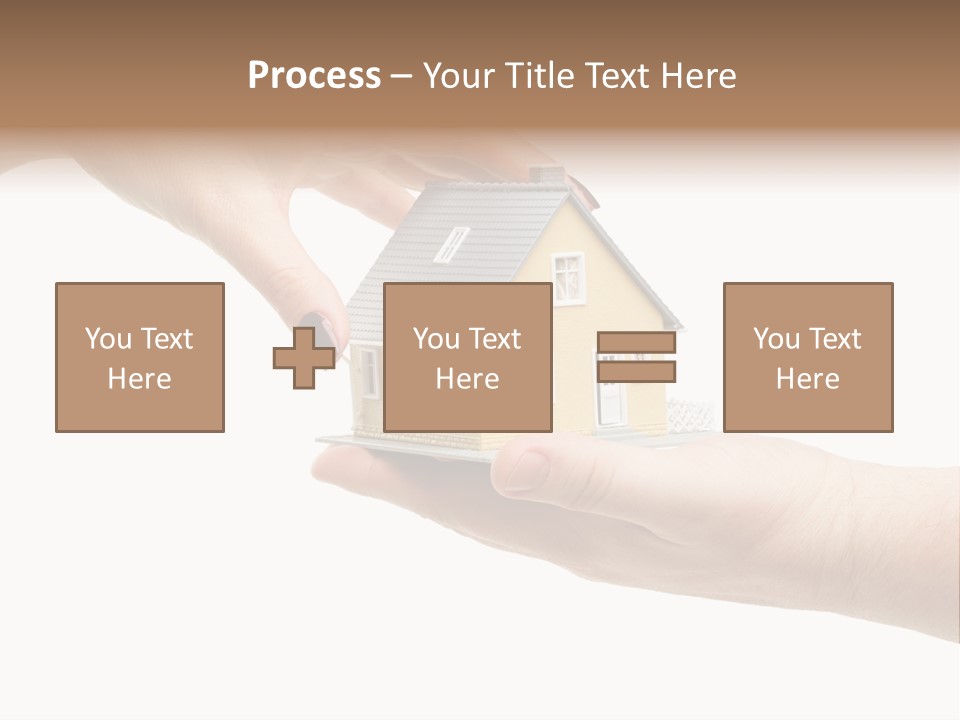 Female Hand Reaching For A House Isolated On A White Background. PowerPoint Template