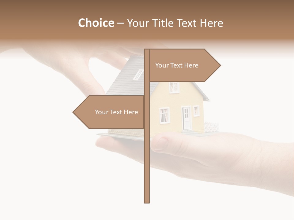 Female Hand Reaching For A House Isolated On A White Background. PowerPoint Template