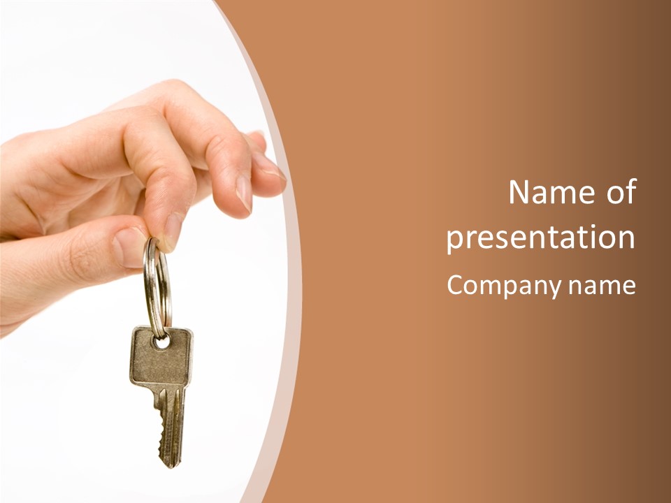 Close Up Of A Person's Hand, Handing Over A Key. Focus On The Key. Isolated On A White Background. PowerPoint Template