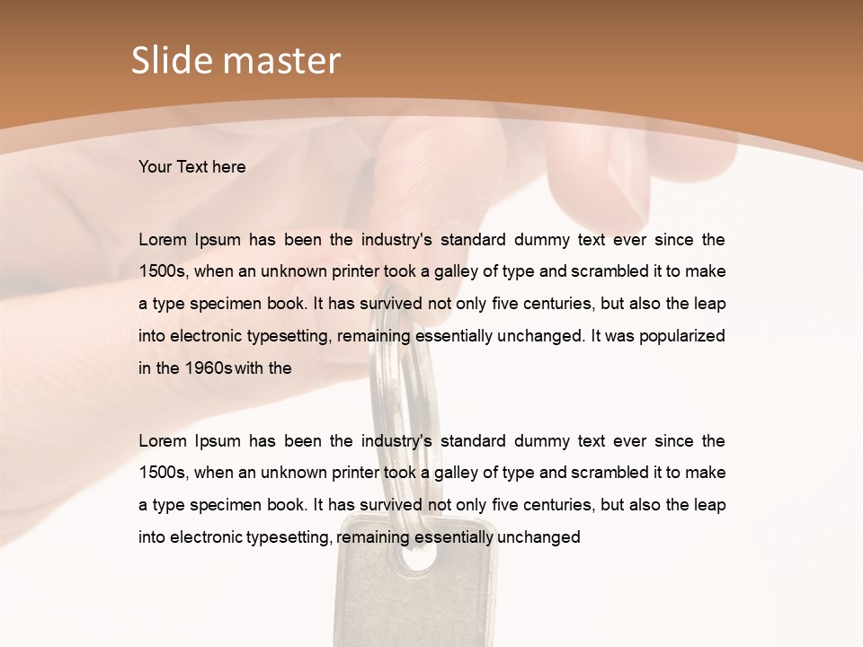 Close Up Of A Person's Hand, Handing Over A Key. Focus On The Key. Isolated On A White Background. PowerPoint Template