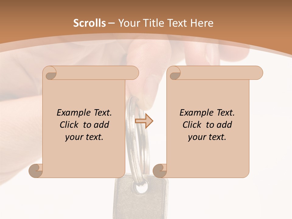 Close Up Of A Person's Hand, Handing Over A Key. Focus On The Key. Isolated On A White Background. PowerPoint Template