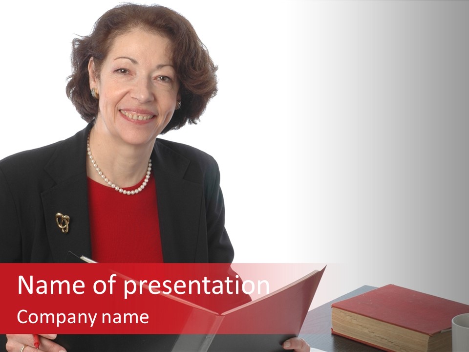 Smiling Business Woman At Desk PowerPoint Template