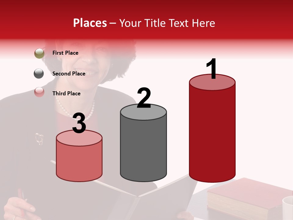 Smiling Business Woman At Desk PowerPoint Template