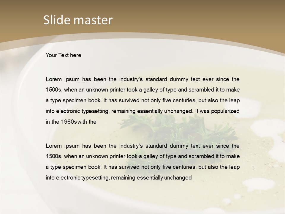 White Bowl Of Asparagus Soup With Chervil And Drops Of Cream. Grainy Bread On Background. Healthy Food. PowerPoint Template