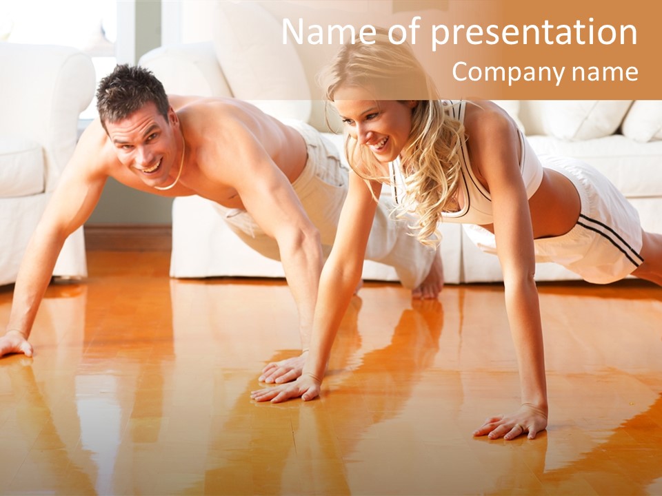 Young Man And Woman Woman Doing Exercise In The Sunny Room PowerPoint Template