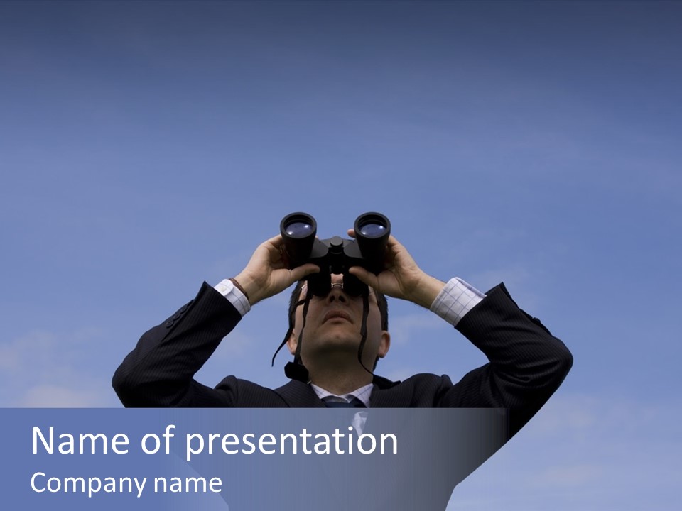 Businessman Looking Through Binoculars With A Blue Sky As Background PowerPoint Template