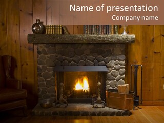 Stone Fireplace With Books On The Mantel And The Fire Blazing Inside With Natural Light PowerPoint Template