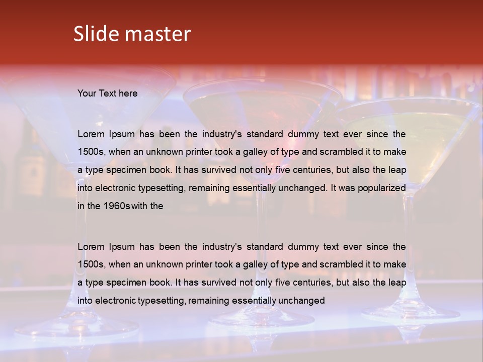 Blue, Red And Yellow Cocktail Drinks On A Bar PowerPoint Template