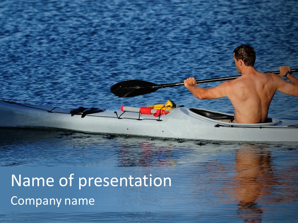 An Athletic Young Male Kayaker With Bare Upper Body Is Paddling Off Into Calm Blue Waters Of Mission Bay, San Diego, California. PowerPoint Template