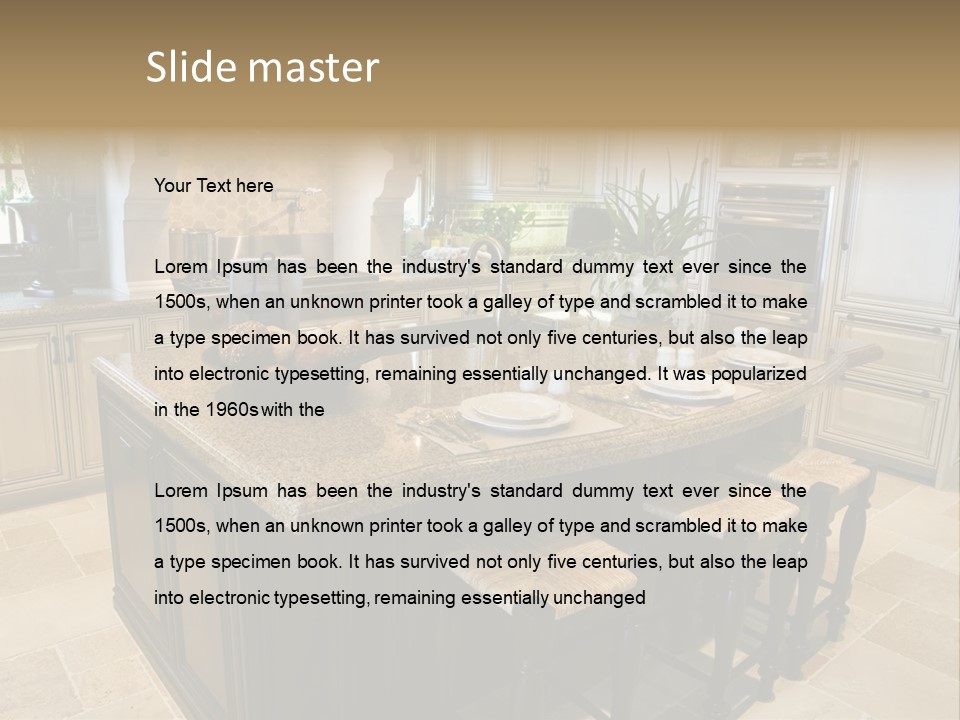 Modern Kitchen With Tile Floor And Island. PowerPoint Template