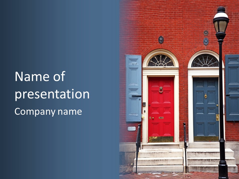 A Red Brick Building With Blue Shutters And A Red Door PowerPoint Template