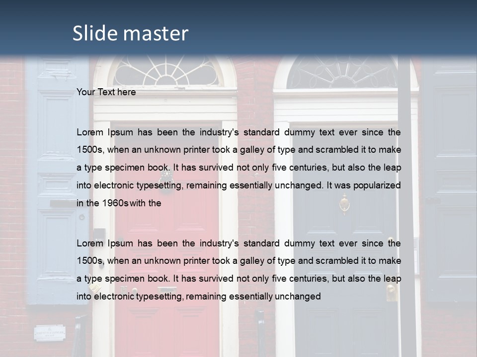 A Red Brick Building With Blue Shutters And A Red Door PowerPoint Template