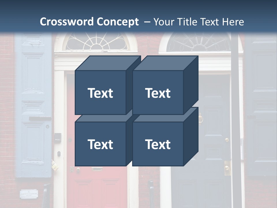 A Red Brick Building With Blue Shutters And A Red Door PowerPoint Template