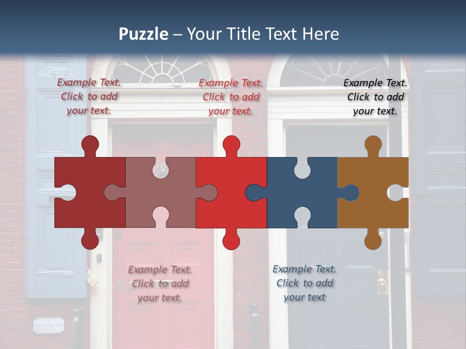 A Red Brick Building With Blue Shutters And A Red Door PowerPoint Template