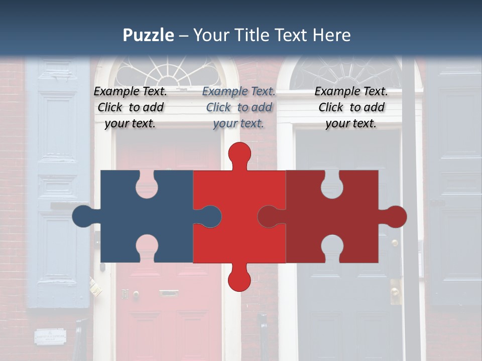 A Red Brick Building With Blue Shutters And A Red Door PowerPoint Template