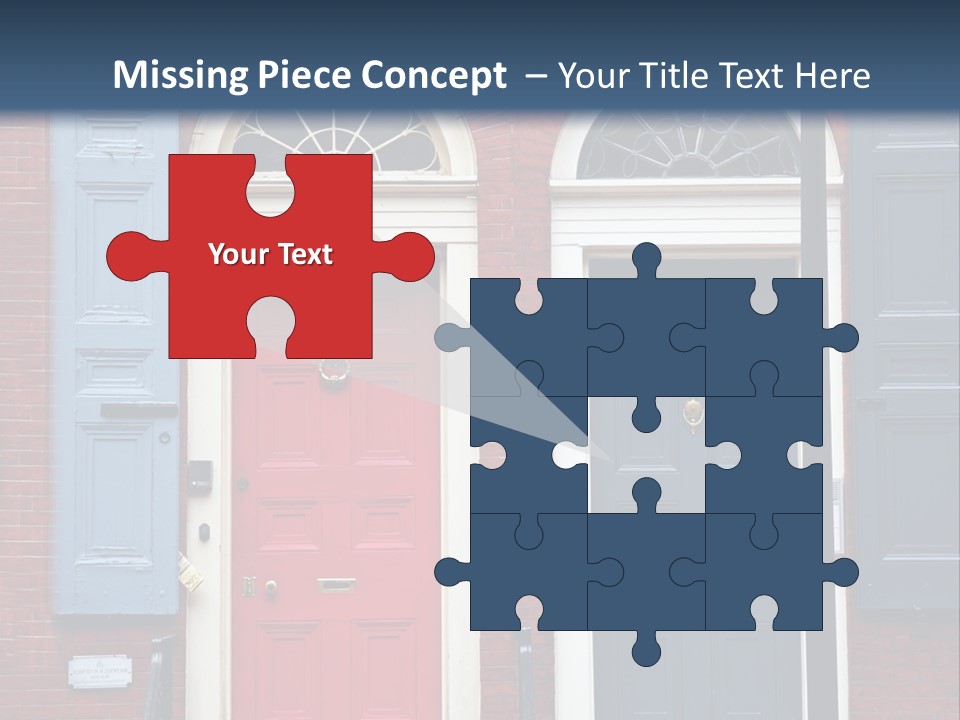 A Red Brick Building With Blue Shutters And A Red Door PowerPoint Template