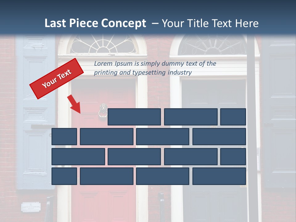 A Red Brick Building With Blue Shutters And A Red Door PowerPoint Template