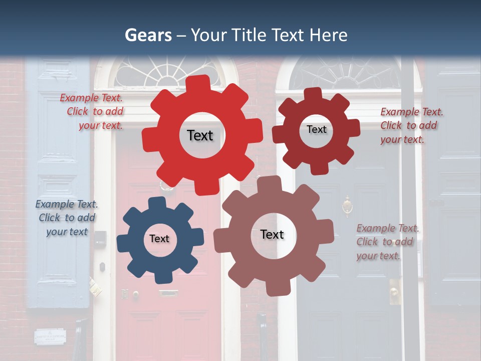 A Red Brick Building With Blue Shutters And A Red Door PowerPoint Template