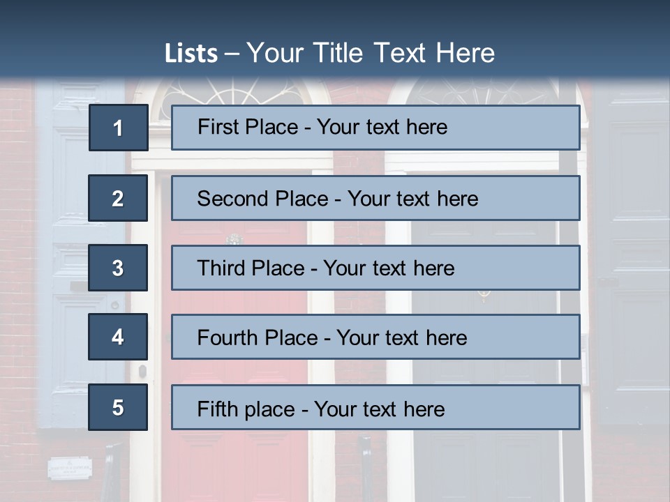 A Red Brick Building With Blue Shutters And A Red Door PowerPoint Template