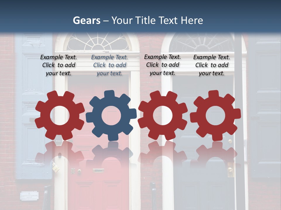 A Red Brick Building With Blue Shutters And A Red Door PowerPoint Template