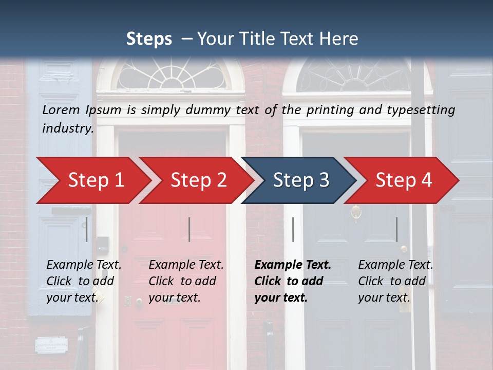 A Red Brick Building With Blue Shutters And A Red Door PowerPoint Template
