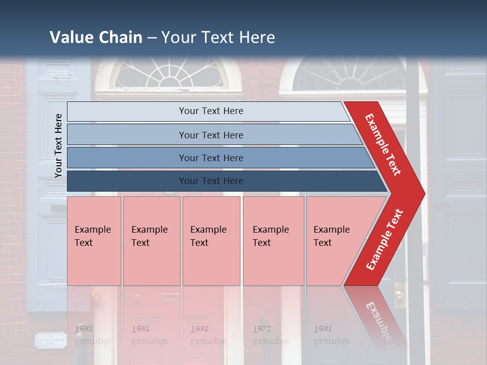 A Red Brick Building With Blue Shutters And A Red Door PowerPoint Template