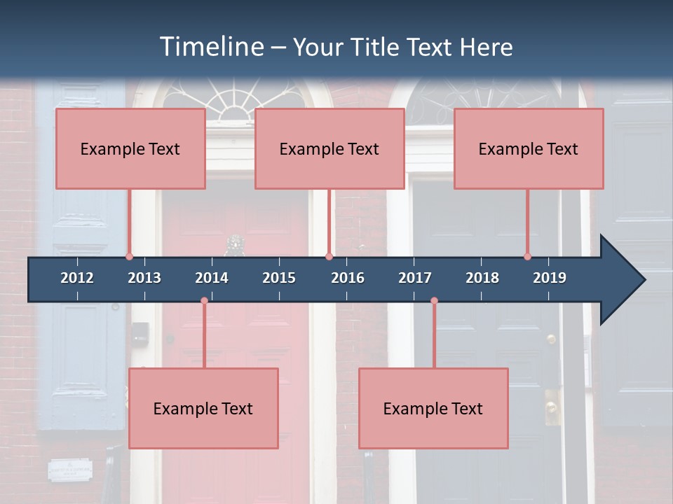 A Red Brick Building With Blue Shutters And A Red Door PowerPoint Template