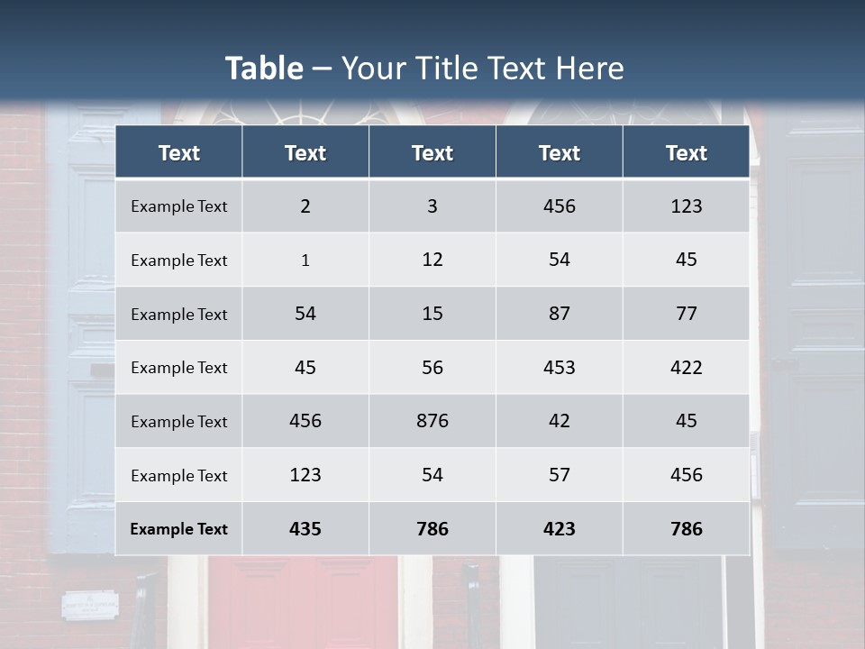 A Red Brick Building With Blue Shutters And A Red Door PowerPoint Template