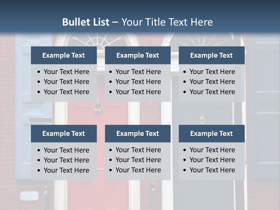 A Red Brick Building With Blue Shutters And A Red Door PowerPoint Template