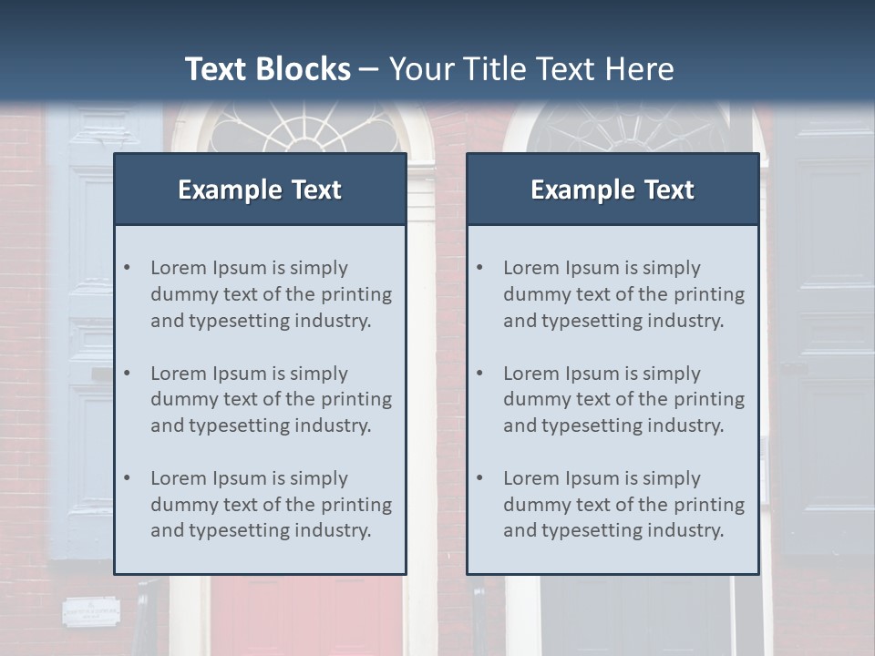 A Red Brick Building With Blue Shutters And A Red Door PowerPoint Template
